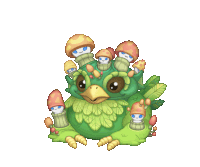 a green bird with mushrooms on its head