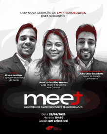 a poster with three people on it and the word meet at the bottom