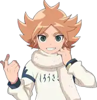 a cartoon character is wearing a white sweater with the letters lr on the front
