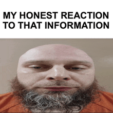 a bald man with a beard looks at the camera with the words my honest reaction to that information above him