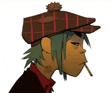 a cartoon character with green hair wearing a plaid hat and smoking a cigarette