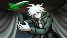 a drawing of a person holding a green knife with the letter n on it
