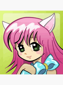 a cartoon girl with pink hair and cat ears is wearing a blue bow