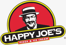 a happy joe 's pizza and ice cream logo with a man in a hat