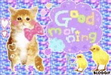 a cat with a pink bow tie stands in front of a good morning speech bubble