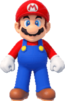 mario is wearing overalls and a red hat with an m on it