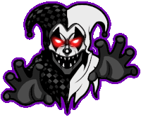 a black and white jester with red eyes and a purple border