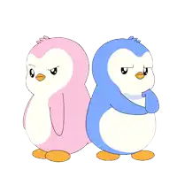 two penguins standing back to back with their arms around each other