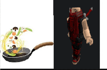 a picture of a frying pan with vegetables and a picture of a samurai with a sword