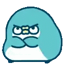 a blue cartoon penguin with a very angry face on a white background .