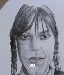 a black and white pencil drawing of a woman with braids and the word sex written on the bottom .