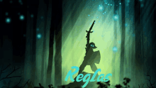 a silhouette of a person holding a sword in a forest with the word reglas on the bottom