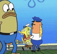 a group of cartoon characters including spongebob squarepants and a police officer