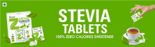 stevia tablets 100 % zero calories sweetener are advertised on a green background