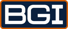 a blue and orange logo for bgi in white