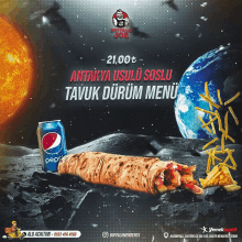 an advertisement for antalya usuli soslu tavuk durum menu with a can of pepsi