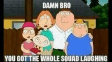 a cartoon of a family guy family standing next to each other in front of a house .