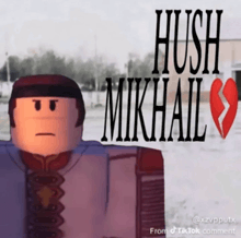 a cartoon character with a broken heart and the words hush mikhail on the bottom