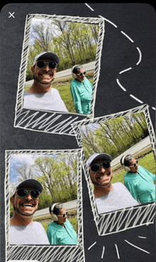 a man wearing sunglasses and headphones is smiling in a collage