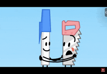 a cartoon drawing of a pen and a saw holding hands