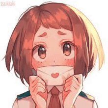 a cute anime girl is holding an envelope with a heart on it .