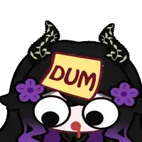 a cartoon character with horns has a sign on her head that says " dum "