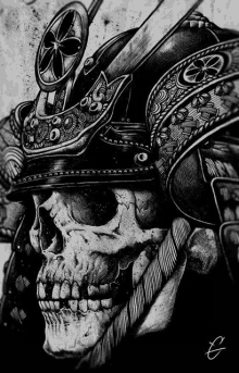 a black and white drawing of a samurai skull wearing a helmet and armor .