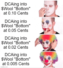 a picture of a clown with the words dcaing into $ wool " bottom " at 0.10 cents on it