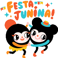 a cartoon illustration of two people dancing with the words festa junina in the background