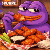 a purple frog is eating chicken wings with the word spurpe above it