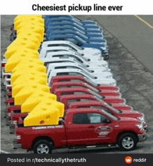 a row of pickup trucks are lined up in a parking lot with a caption that says cheesiest pickup line ever