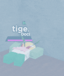 a cartoon character is laying on a bed with the word tige written on the wall