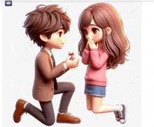 a boy is kneeling down and giving a girl a ring