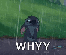 a cartoon character is standing in the rain with the words `` why '' .