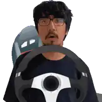 a man with glasses is holding a steering wheel in front of his face