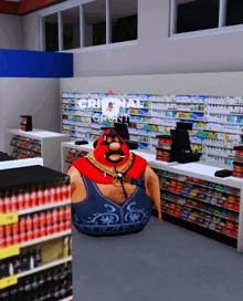 a computer generated image of a man in a grocery store with a sign that says ' critical crunch ' on it