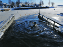 a person is swimming in a body of water with a sign that says a on it