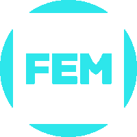 a blue logo that says fem on it