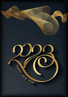 a happy new year greeting card with gold numbers on a dark background