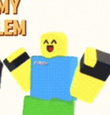 a roblox character is holding up his arms in the air