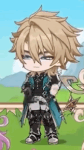 a cartoon character with blonde hair and blue eyes is standing on a grassy field .