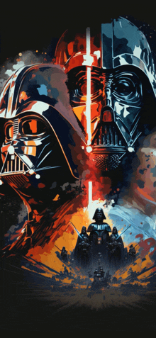 a painting of darth vader with a group of soldiers behind him