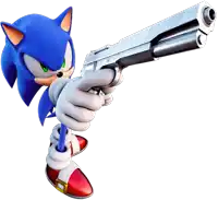 sonic the hedgehog is holding a gun in his right hand and pointing it