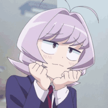 a girl with purple hair making a funny face with her hands on her chin