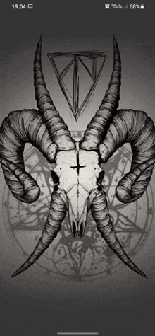 a black and white drawing of a ram 's skull with horns