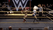 two women are wrestling in a wrestling ring with a wwe logo behind them