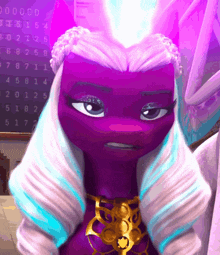 a purple pony with white hair stands in front of a calendar with numbers on it