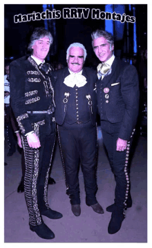 three men are posing for a picture with the words mariachis rrtv montajes written above them