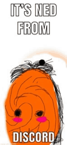 a drawing of an orange face with the words `` it 's ned from discord '' written on it .