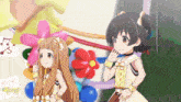 two anime girls are standing next to each other in front of balloons and a sign that says ' s ' on it